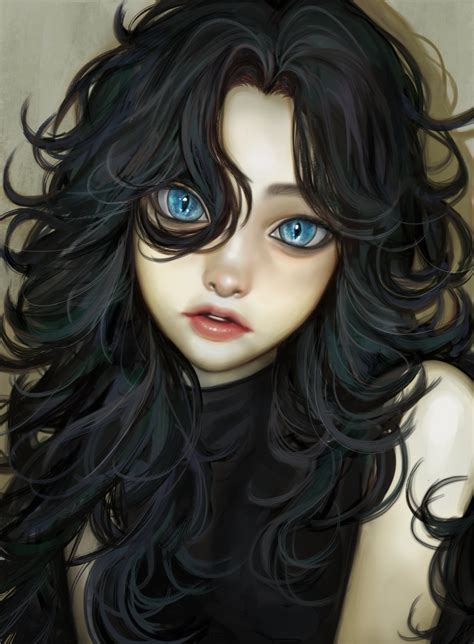 Safebooru 1girl Bare Shoulders Black Hair Blue Eyes Hair Between Eyes Highres Kangcono Long