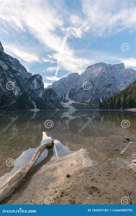 Natural Landscapes Of The Lake Braies Lago Di Braies With Morning Fog
