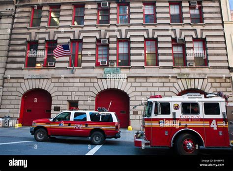 New York Fire Department Station With Fire Trucks And Fire Engine