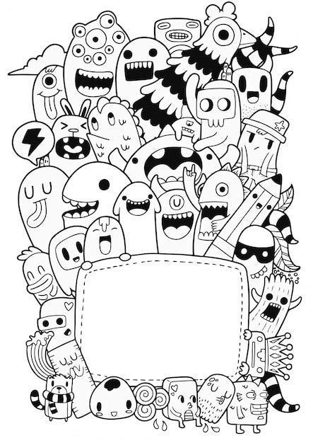 Monstros Bonitos Doodle Vetor Premium
