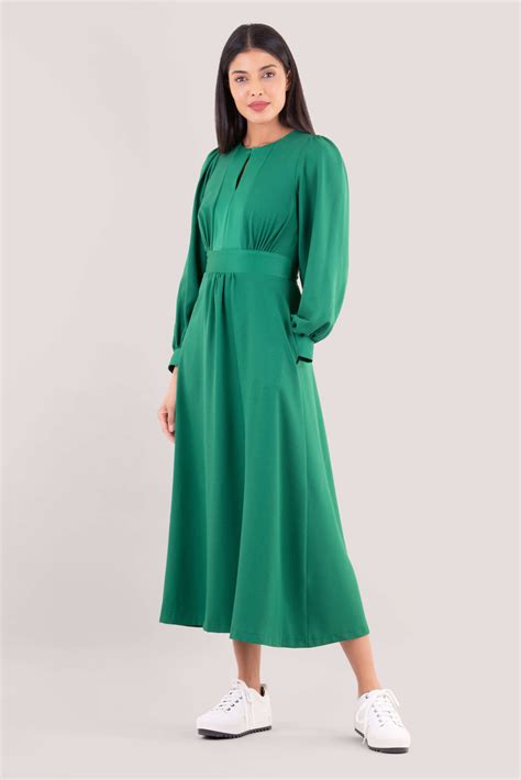 Green Gathered Waist Long Sleeve Midi Dress