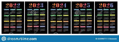 Kalender 2022 2023 2024 2025 En 2026 Engels Kleurrijke Vectorset