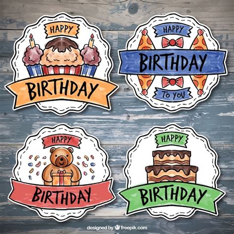 Free Vector Pack Of Four Colorful Birthday Badges In Watercolor Style