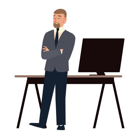 Business Man Cartoon Workspace Office Desk Computer 2471147 Vector Art