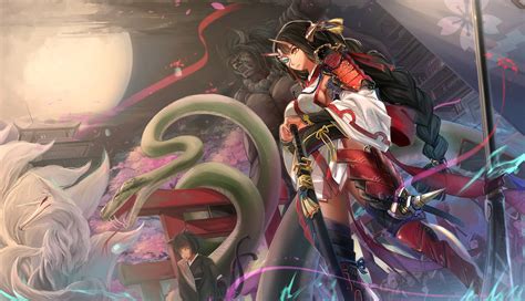 Wallpaper Anime Girls Snake Armor Sword Original Characters Fox