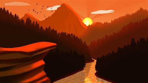 Masaüstü Dijital Sanat Resim Dağlar Güneş Nehir 9000x5063