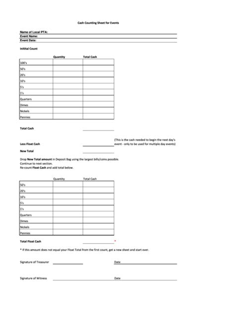 Cash Counting Sheet For Events Printable Pdf Download