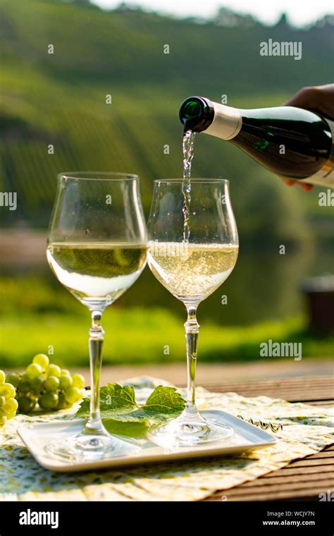 Waiter Pouring German Quality White Wine Riesling Produced In Mosel