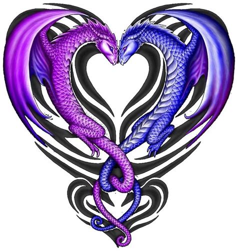 Two Purple And Blue Dragon Tattoos In The Shape Of A Heart On A White