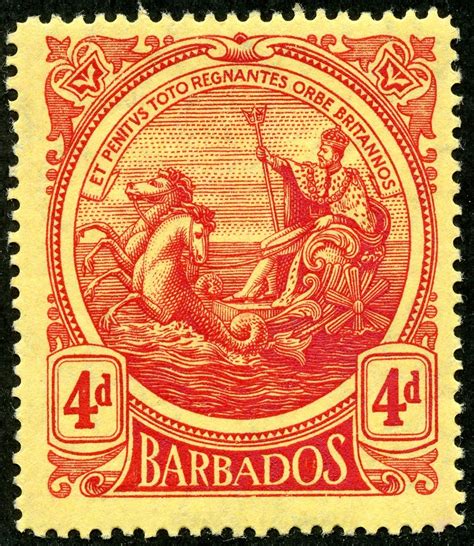 Barbados 1916 Scott 133 4d Red Yellow A15 Design Seal Of The Colony Wmk 3 Vintage Postage