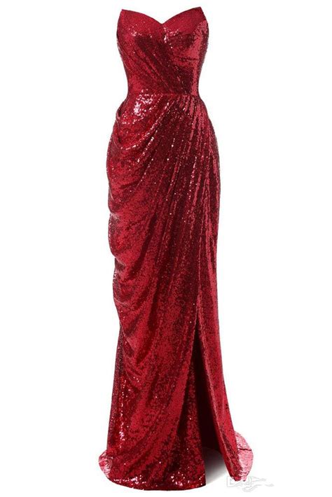 Shiny Red Sequins Women Evening Dress Mermaid Long Strapless Side