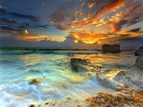 Beach Song Waves Foam Colored Sky Blue Waters Clouds Rocks Sunset