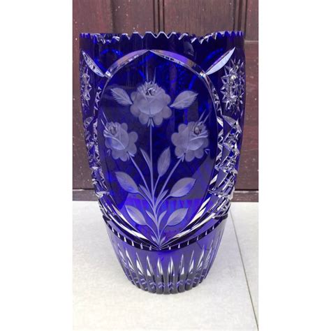 Vintage Czech Bohemian Blue Cut Glass Floral Vase Chairish