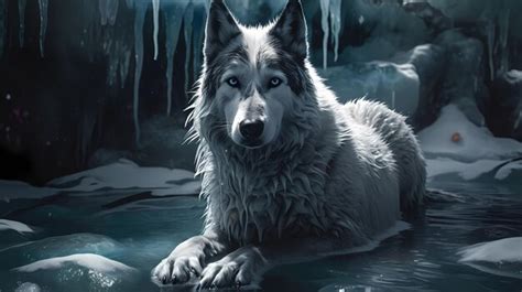 Premium Ai Image A Wolf Laying On A Frozen Ice