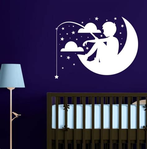 Boy Fishing On The Moon Stars And Clouds Wall Decals Stickers
