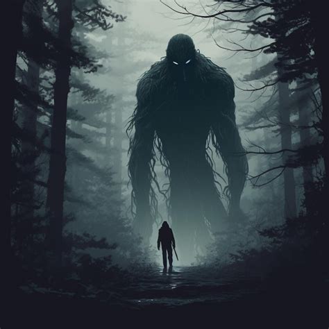 Premium Ai Image A Man Stands In A Forest With A Giant Monster In The