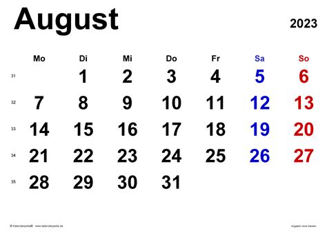 Kalender August 2023 Als Pdf Vorlagen
