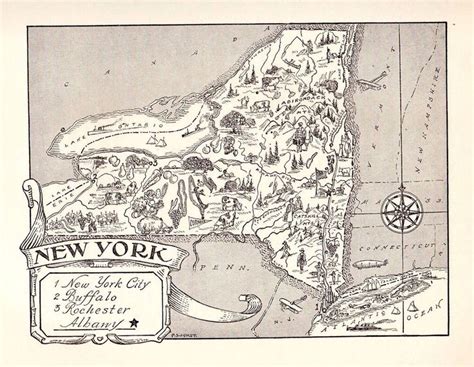 50s Animated Antique New York State Map Vintage Cartoon Map Of New York