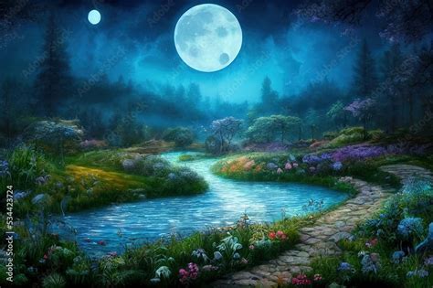 Fantasy Magical Enchanted Fairy Tale Landscape With Forest Lake