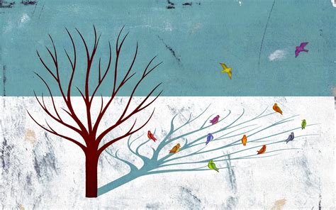 Tree And Birds Illustration Digital Art Minimalism Simple Winter Hd