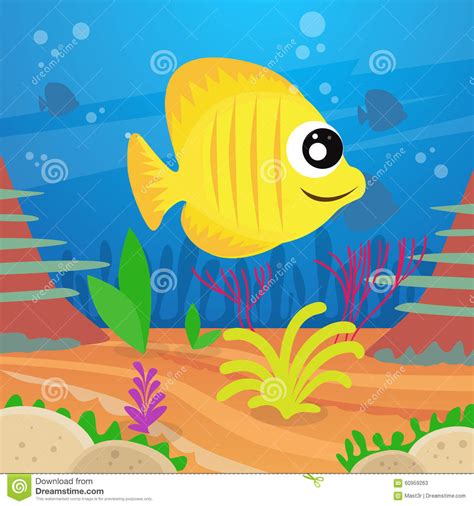 Yellow Cartoon Colorful Fish Under Deep Water Stock Vector