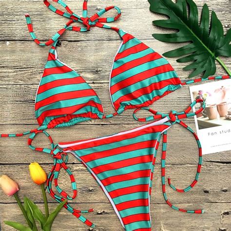 Hot Sexy Swimwear 2018 Novas Mulheres Bikini Set Stripe Bandage Push Up Triangle Swimwear