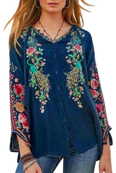Johnny Was Blue Peacock Embroidered Blouse Size 6 S Fashion Boho