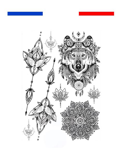 Beauté de loup de neige. Tatouage Loup Mandala fleurs Bohème | Mon Petit Tatouage Temporaire