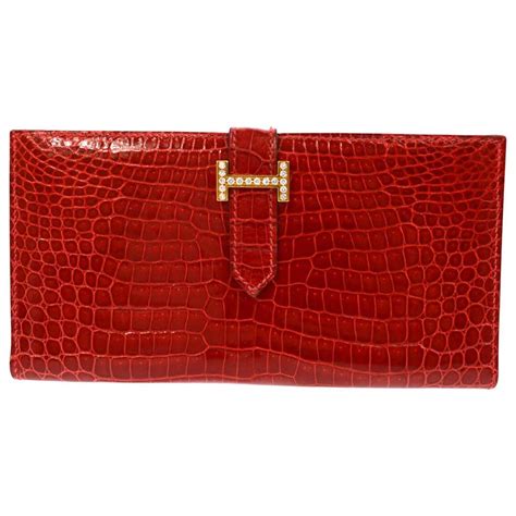 Hermes Red Crocodile Exotic Leather Diamond H Gold Envelope Clutch