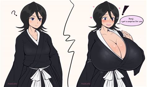 Pinkkoffin Kuchiki Rukia Bleach 1girl Alternate Breast Size Before And After Black Hair