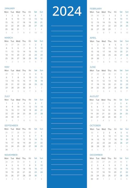 Premium Vector Calendar For 2024 Vertical Blue Calendar 2024 Week