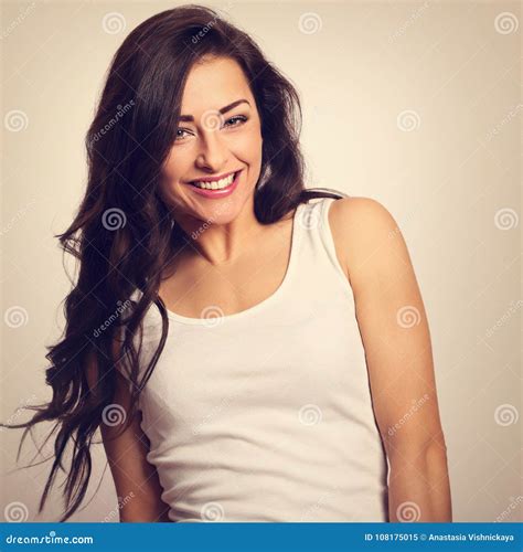 Beautiful Positive Laughing Young Woman In White Shirt And Long Stock Image Image Of Beautiful