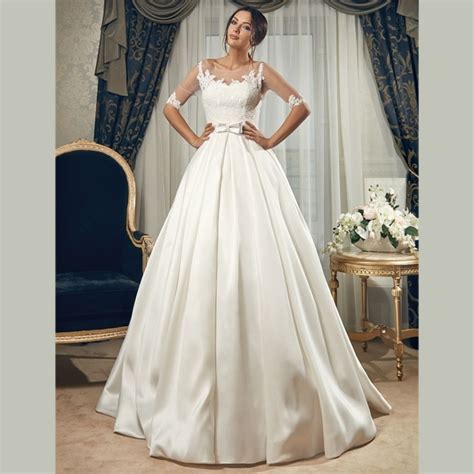 2015 Elegant White Satin Wedding Dresses Sweep Train 12 Sleeve Wedding