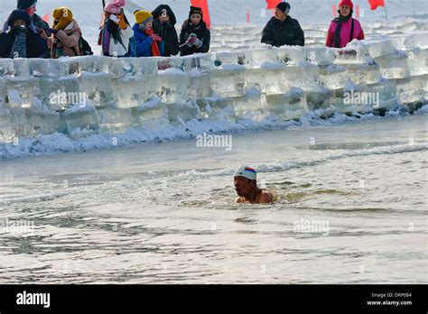 Ice Swimmer Swims In The Cold Water Of The Songhua River Harbin China