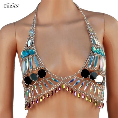 chran shiny halter neck camis acrylic mirror women disco sexy sequins crop tops beach wear edc