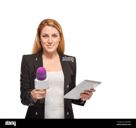 A Woman Reporter Is Holding A Microphone The Stock Photo Alamy