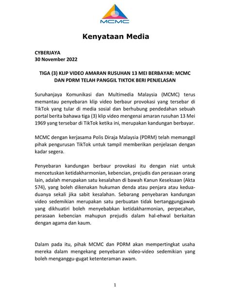 Mcmc On Twitter Kenyataan Media Tiga Klip Video Amaran Rusuhan