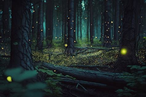Fireflies In A Wild Fairy Tale Mystical Mysterious Forest Generated By