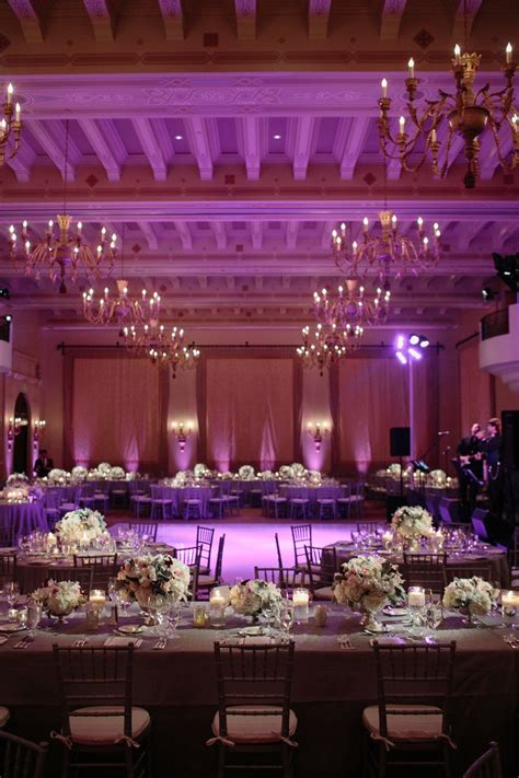 Elegant Ballroom Wedding Reception Floral Arrangements Indoor Wedding High Ceilings Dim