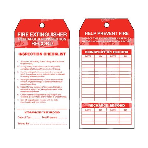 Check fire extinguishers for the following: Fire Extinguisher Recharge & Re-Inspection Tags with Checklist 134x67mm | Labels Online