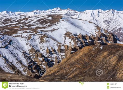 Snow Covered Mountains Langza Village Spiti Valley Himachal Pradesh