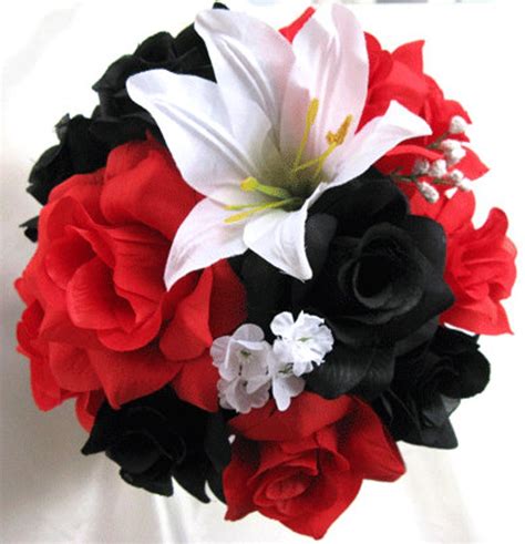Wedding Bouquet Bridal Silk Flowers Cascade Black Red White Etsy