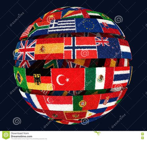 3d Illustration Of Knit National Flags Twisted As Spiral Globe Stock