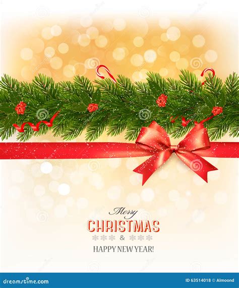 Merry Christmas Card With A Ribbon And Christmas Tree Branch Stock