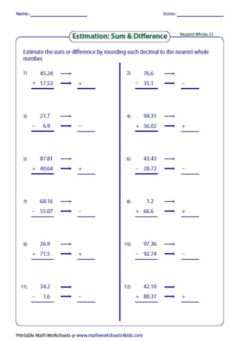 Estimating Decimals And Whole Numbers Worksheets