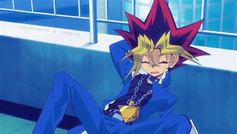 An Anime Character Sitting On The Ground With His Legs Crossed And Hands Behind His Back