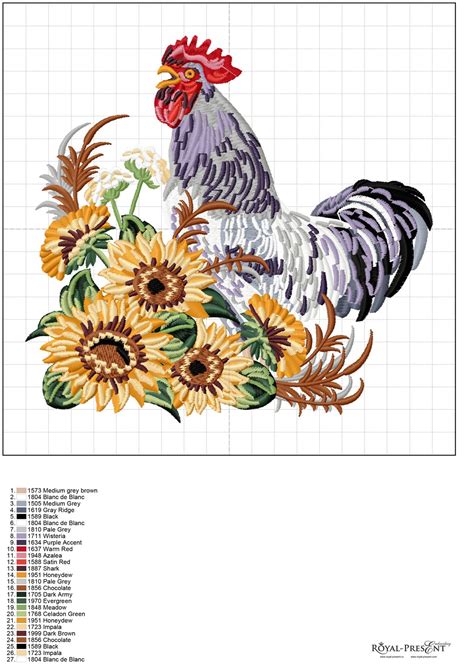 Rooster In A Thicket Of Sunflowers Machine Embroidery Design 5 Sizes Royal Present