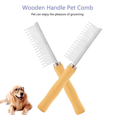 Stainless Steel Long Wooden Handle Pet Dog Cat Comb Grooming Brush Hair