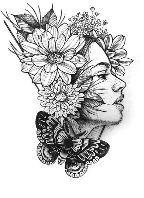 a woman s face with flowers in her hair and butterflies around her head on a white background