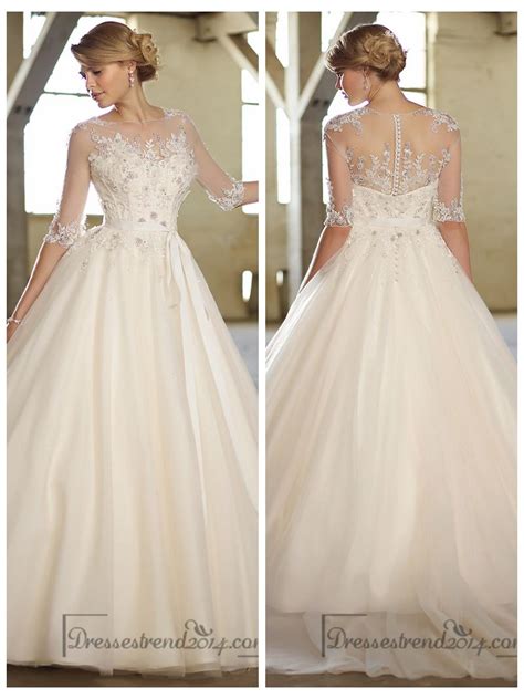 Mermaid wedding dresses white ivory bridal gown off the shoulder cathedral train. Illusion Boat Neckline Three-Quarter Sleeves Embellished ...
